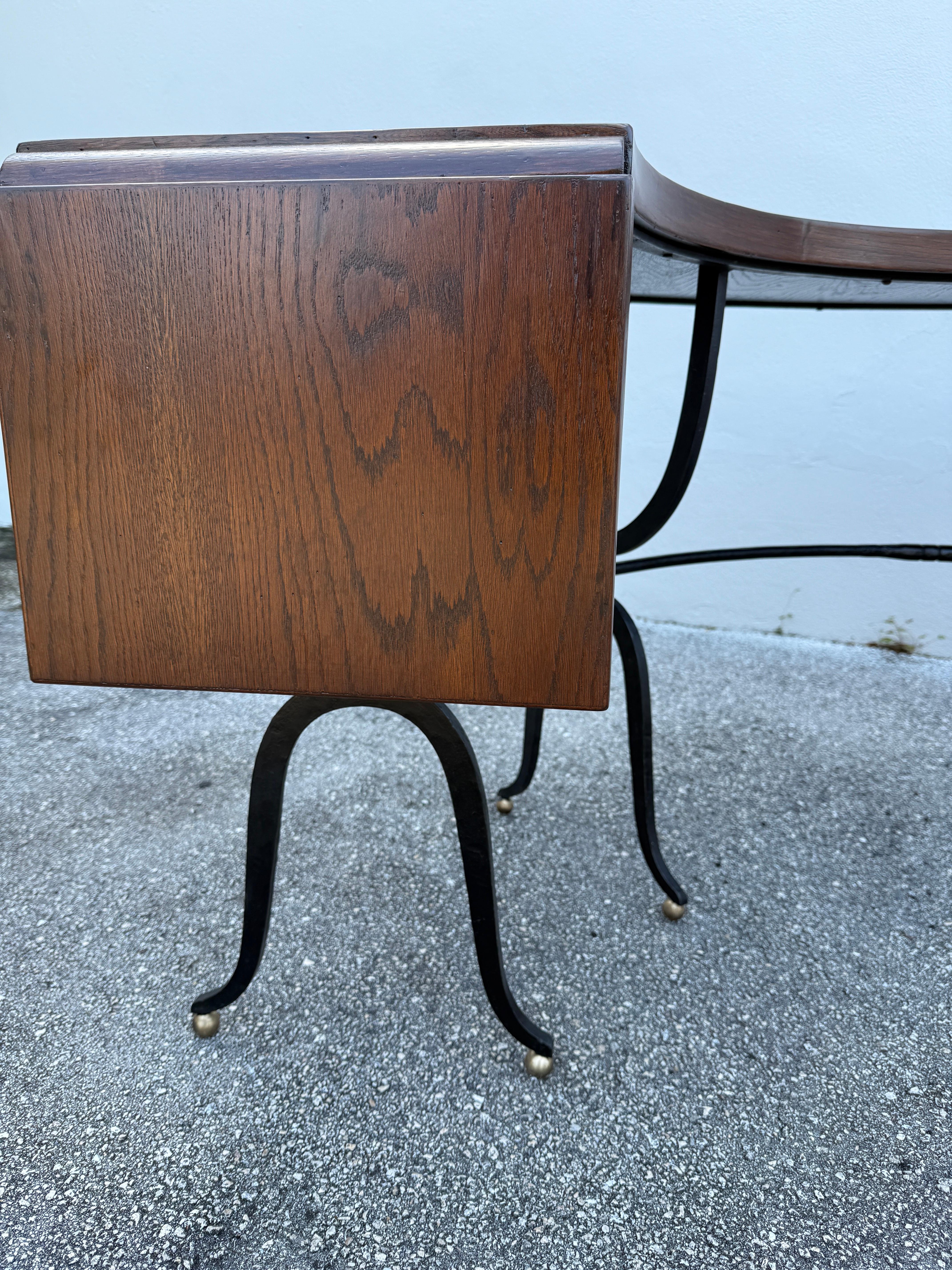 Horse Shoe Shaped Farm Table/ Desk w/ Drop-Leaves on Wrought Iron Base In Good Condition For Sale In North Miami, FL