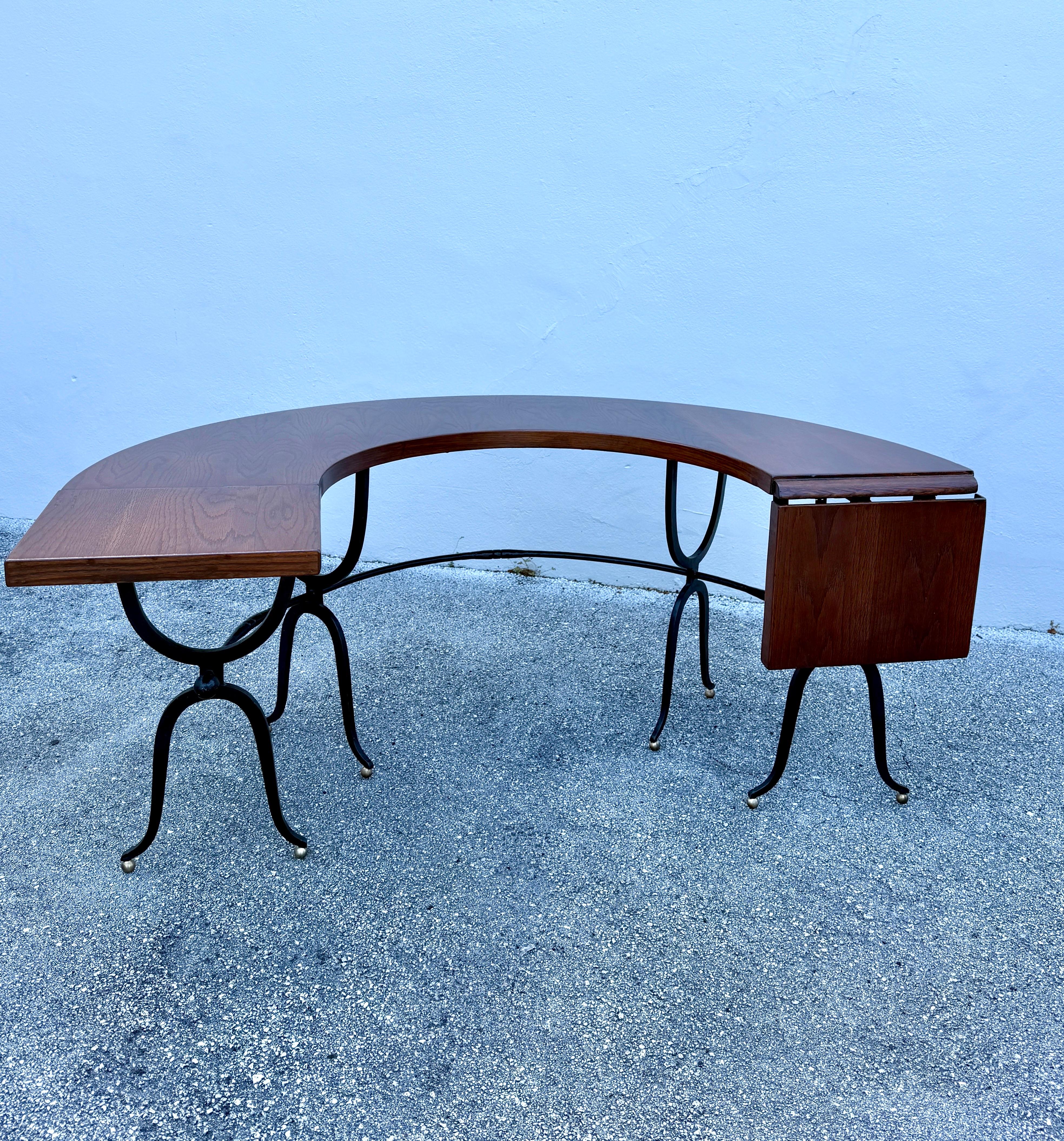 Horse Shoe Shaped Farm Table/ Desk w/ Drop-Leaves on Wrought Iron Base For Sale 1
