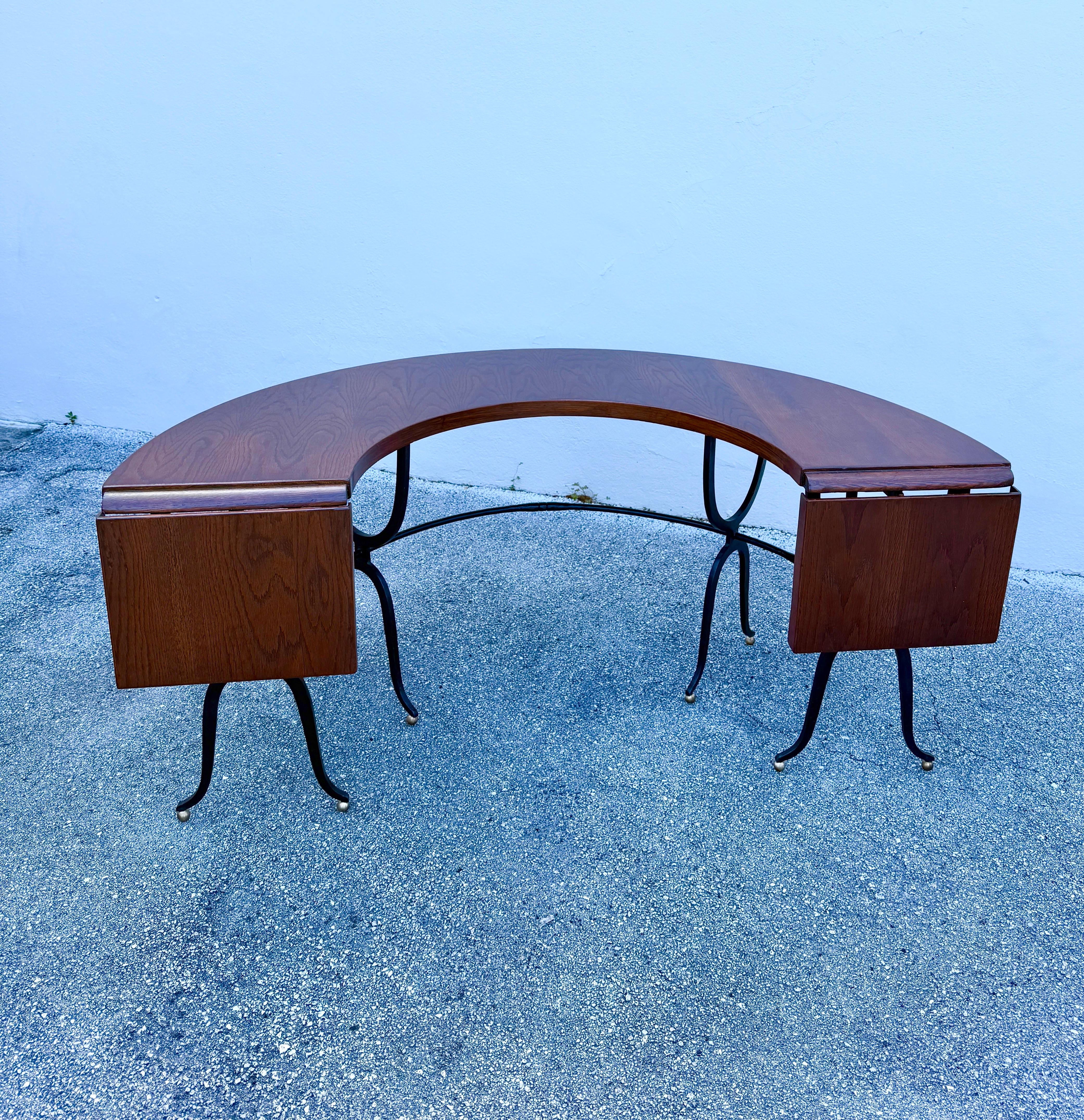 Horse Shoe Shaped Farm Table/ Desk w/ Drop-Leaves on Wrought Iron Base For Sale 2