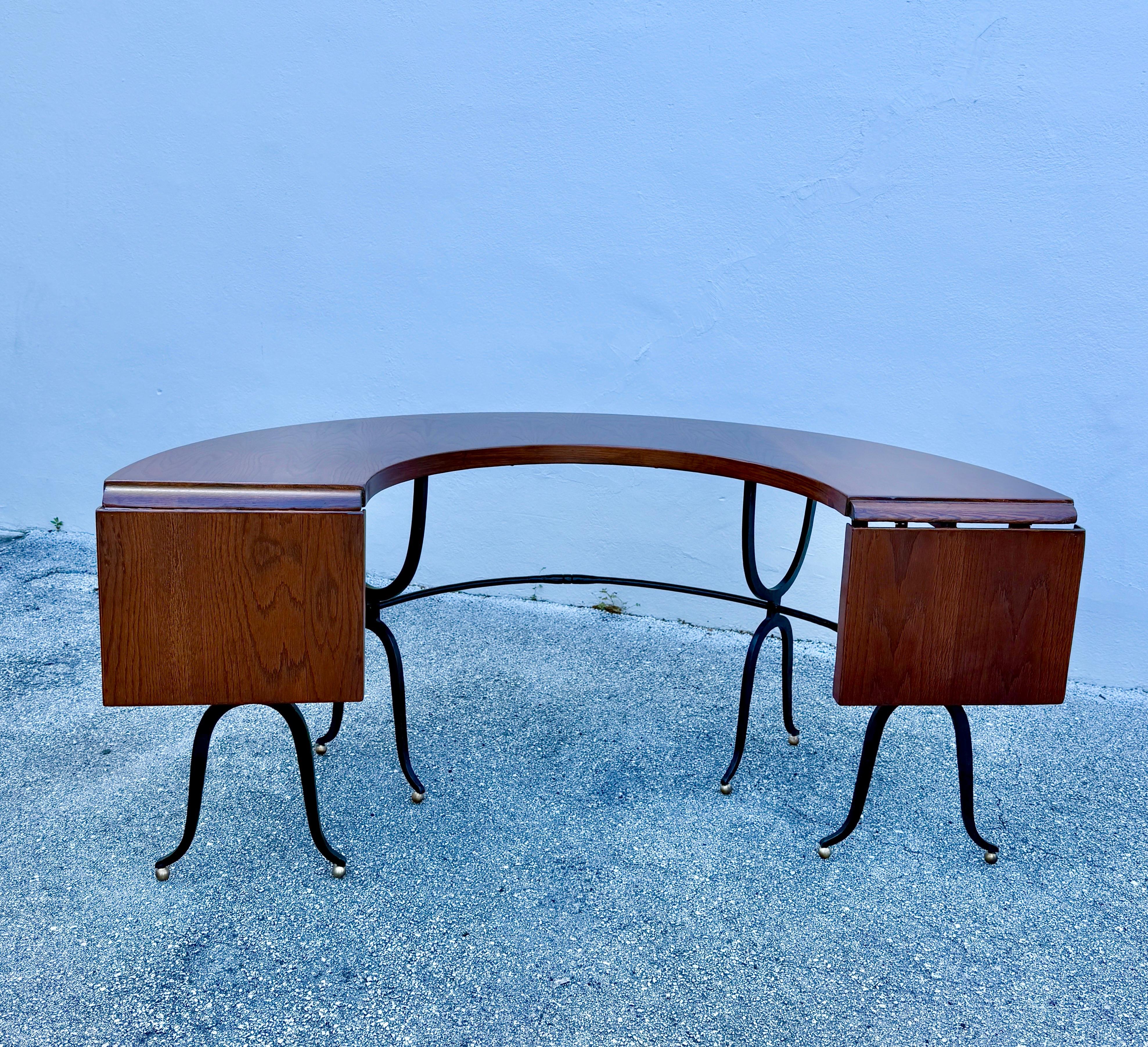 Horse Shoe Shaped Farm Table/ Desk w/ Drop-Leaves on Wrought Iron Base For Sale 3