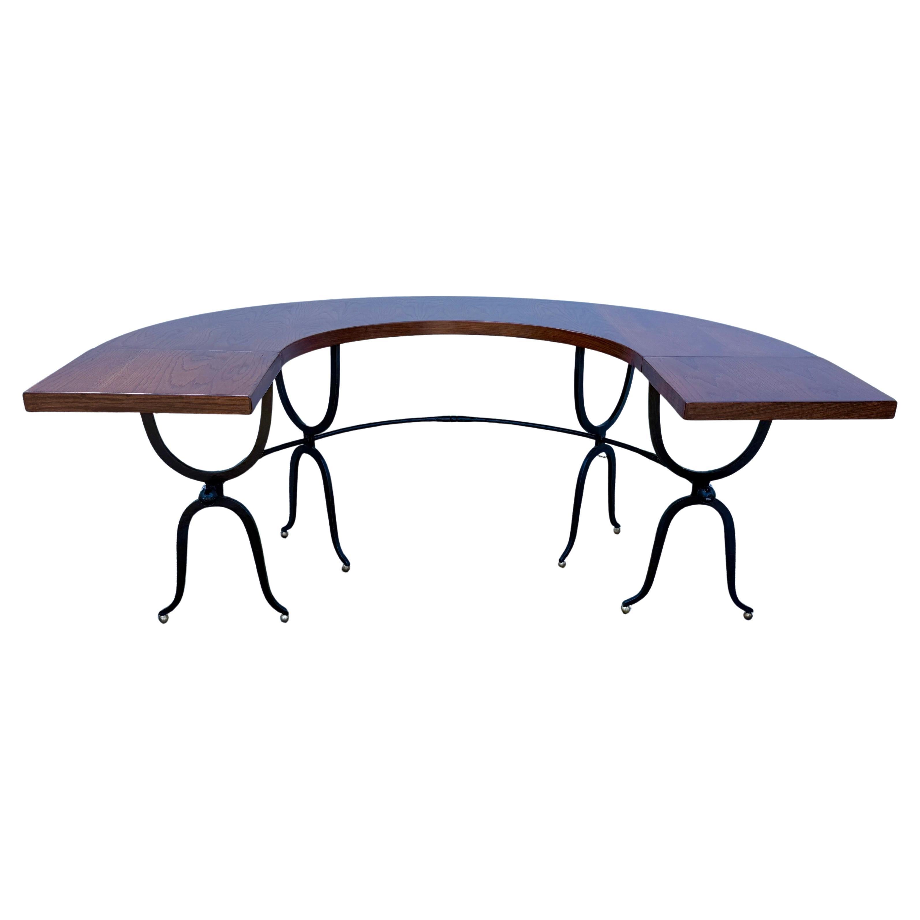 Horse Shoe Shaped Farm Table/ Desk w/ Drop-Leaves on Wrought Iron Base