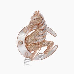 Pferd Hengst Pony Diamant Pave Perle 18K Rose & Weißgold Pin Brosche