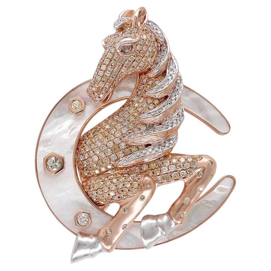 Broche Cheval Etalon Poney Diamant Pave Perle Or Rose 
Blanc 18K