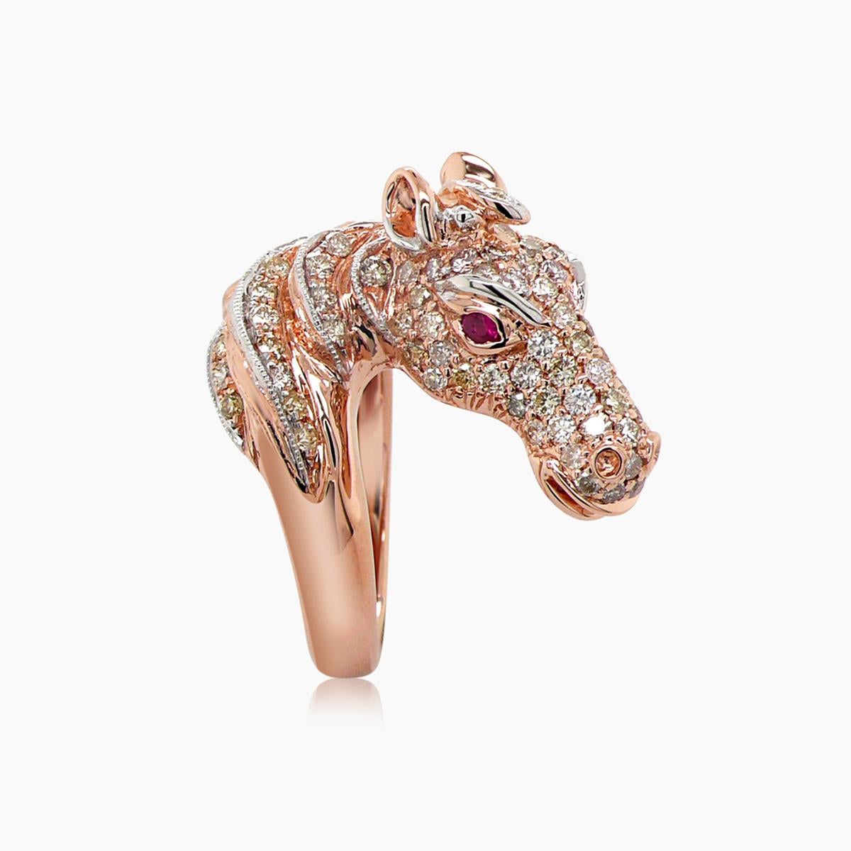 Mixed Cut Horse Stallion Pony Diamond Pave & Ruby 18K Rose Gold Ring For Sale