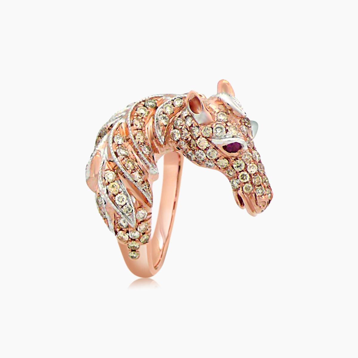 Horse Stallion Pony Diamond Pave & Ruby 18K Rose Gold Ring In New Condition For Sale In Oakton, VA