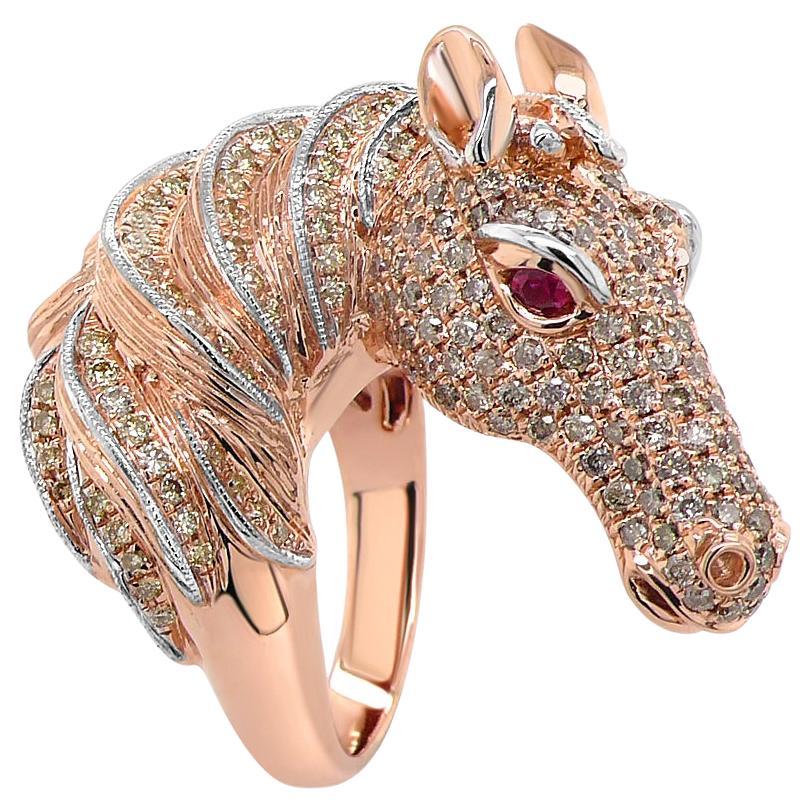 Horse Stallion Pony Diamond Pave & Ruby 18K Rose Gold Ring
