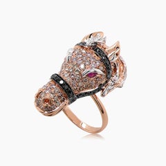 Pferd Hengst Pony Diamant Pave & Rubin 18K Rose Weißgold Schwarz Diamant Ring