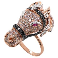 Cavallo Stallone Pony Diamante Pave e Rubino Anello in oro rosa bianco 18 carati con diamante nero