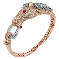 Horse Stallion Pony Diamond Pave Ruby 18K Rose & White Gold Bracelet Bangle