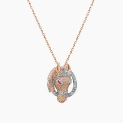 Collar Colgante Caballo Semental Pony Diamante Pave Rubí 18K Oro Rosa y Blanco