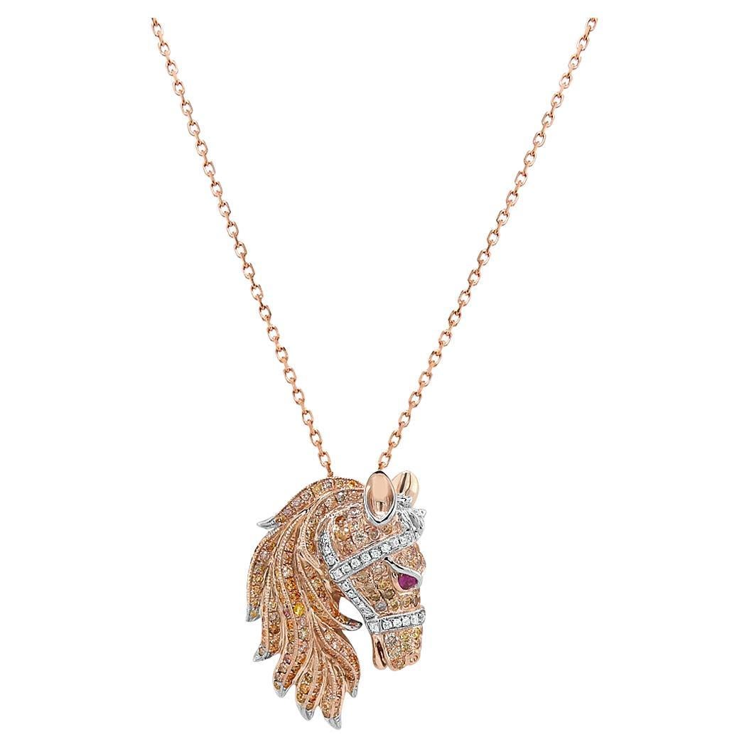 Collier pendentif cheval étalon poney diamant pavé rubis or rose et blanc 18K en vente