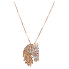 Collier pendentif cheval étalon poney diamant pavé rubis or rose et blanc 18K