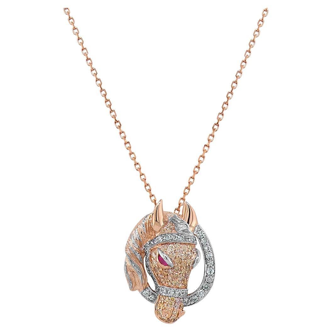 Collier pendentif cheval étalon poney diamant pavé rubis or rose et blanc 18K