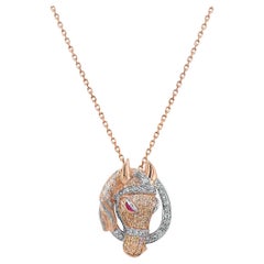 Pferd Hengst Pony Diamant Pave Rubin 18K Rose & Weißgold Anhänger Halskette