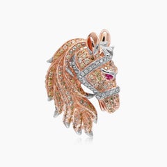 Horse Stallion Pony Diamond Pave Ruby 18K Rose & White Gold Ring