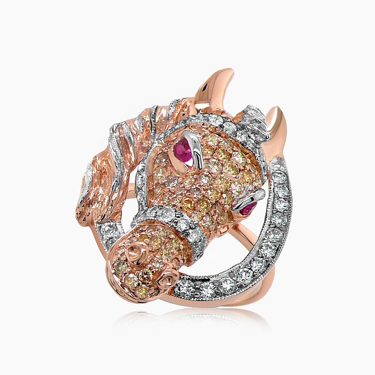 Pferd Hengst Pony Diamant Pave Rubin 18K Rose & Weißgold Ring (Gemischter Schliff) im Angebot