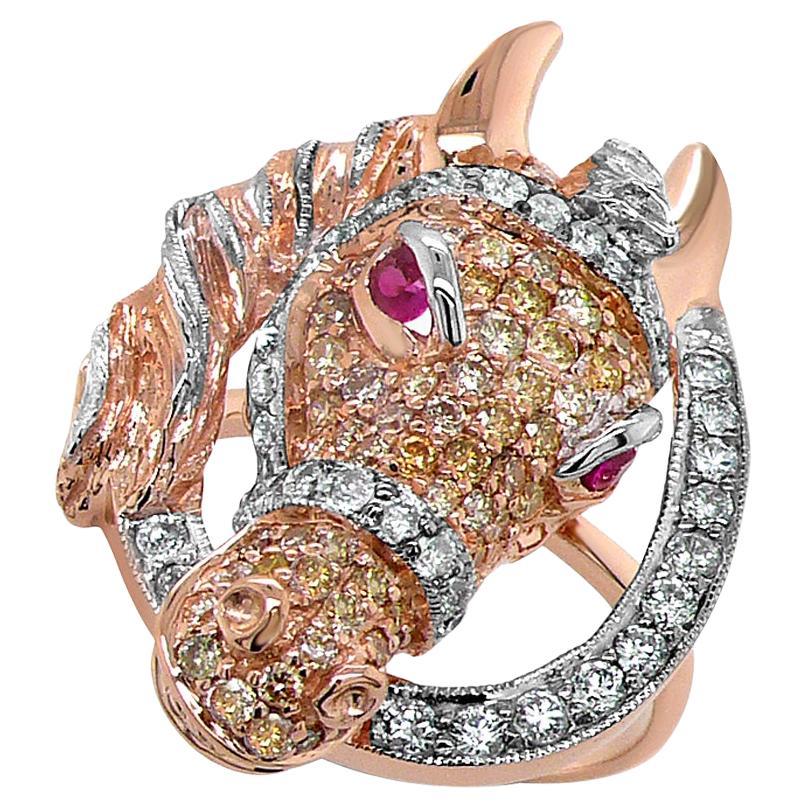 Bague cheval étalon poney diamant pavé rubis or rose et blanc 18K