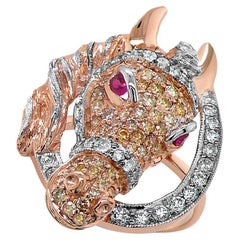 Bague cheval étalon poney diamant pavé rubis or rose et blanc 18K