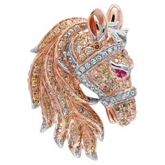 Bague cheval étalon poney diamant pavé rubis or rose et blanc 18K