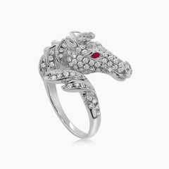 Horse Stallion Pony Diamond Pave & Ruby 18K White Gold Ring