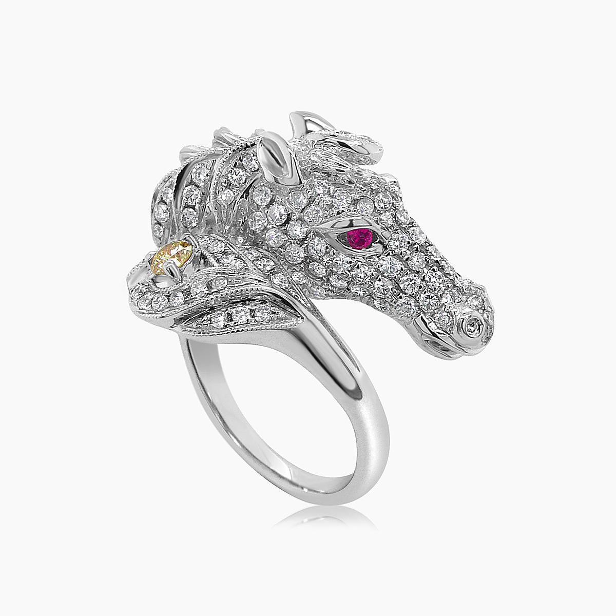Mixed Cut Horse Stallion Pony Diamond Pave & Ruby 18K White Gold Ring For Sale