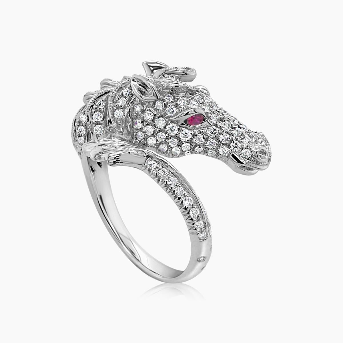 Horse Stallion Pony Diamond Pave & Ruby 18K White Gold Ring In New Condition For Sale In Oakton, VA