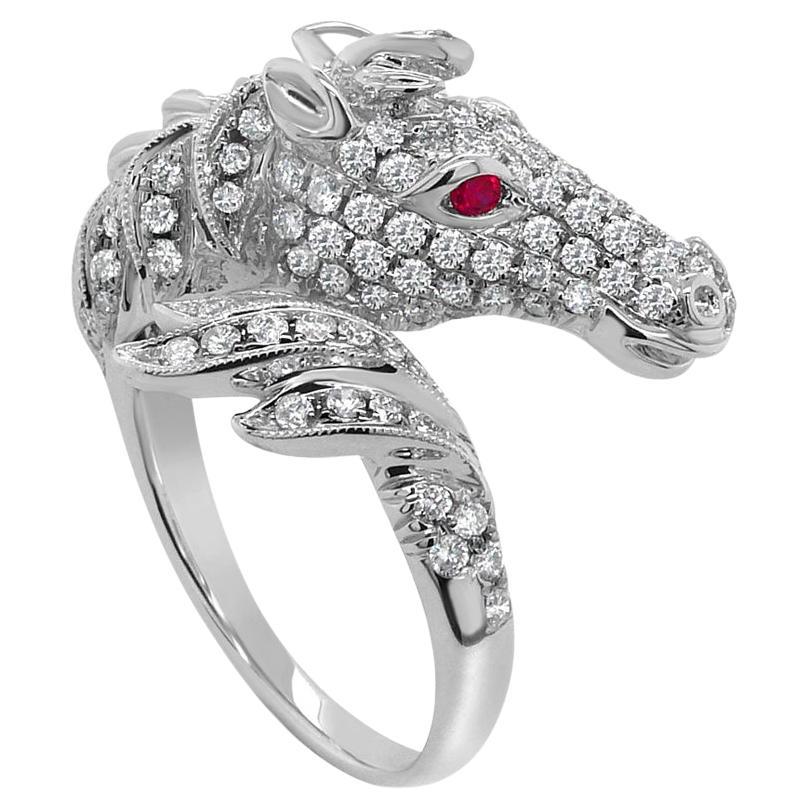 Horse Stallion Pony Diamond Pave & Ruby 18K White Gold Ring
