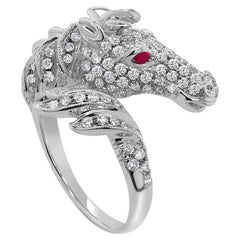 Horse Stallion Pony Diamond Pave & Ruby 18K White Gold Ring