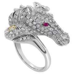 Horse Stallion Pony Diamond Pave & Ruby 18K White Gold Ring
