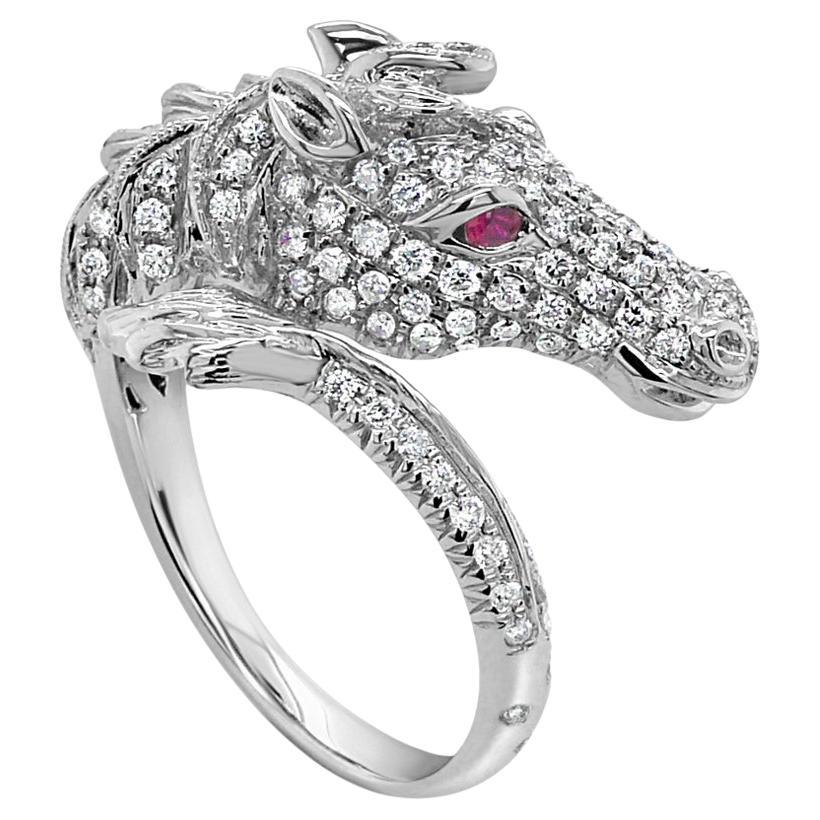 Horse Stallion Pony Diamond Pave & Ruby 18K White Gold Ring