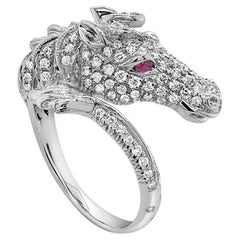 Horse Stallion Pony Diamond Pave & Ruby 18K White Gold Ring