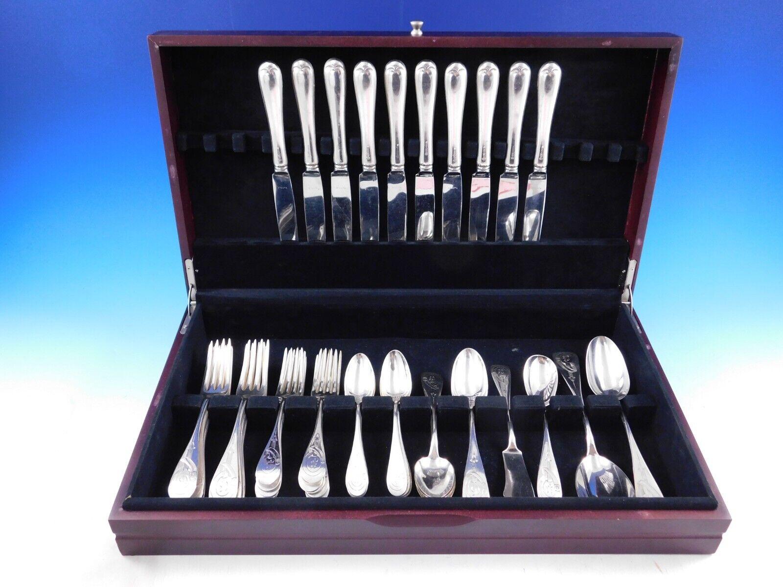 Extraordinary Dinner Size Watson sterling silver Flatware set featuring a hand engraved Horse Stirrup - 50 pieces total (including Hannah Hull Dinner Knives). This set includes:

10 Dinner Size Knives, 9 1/2