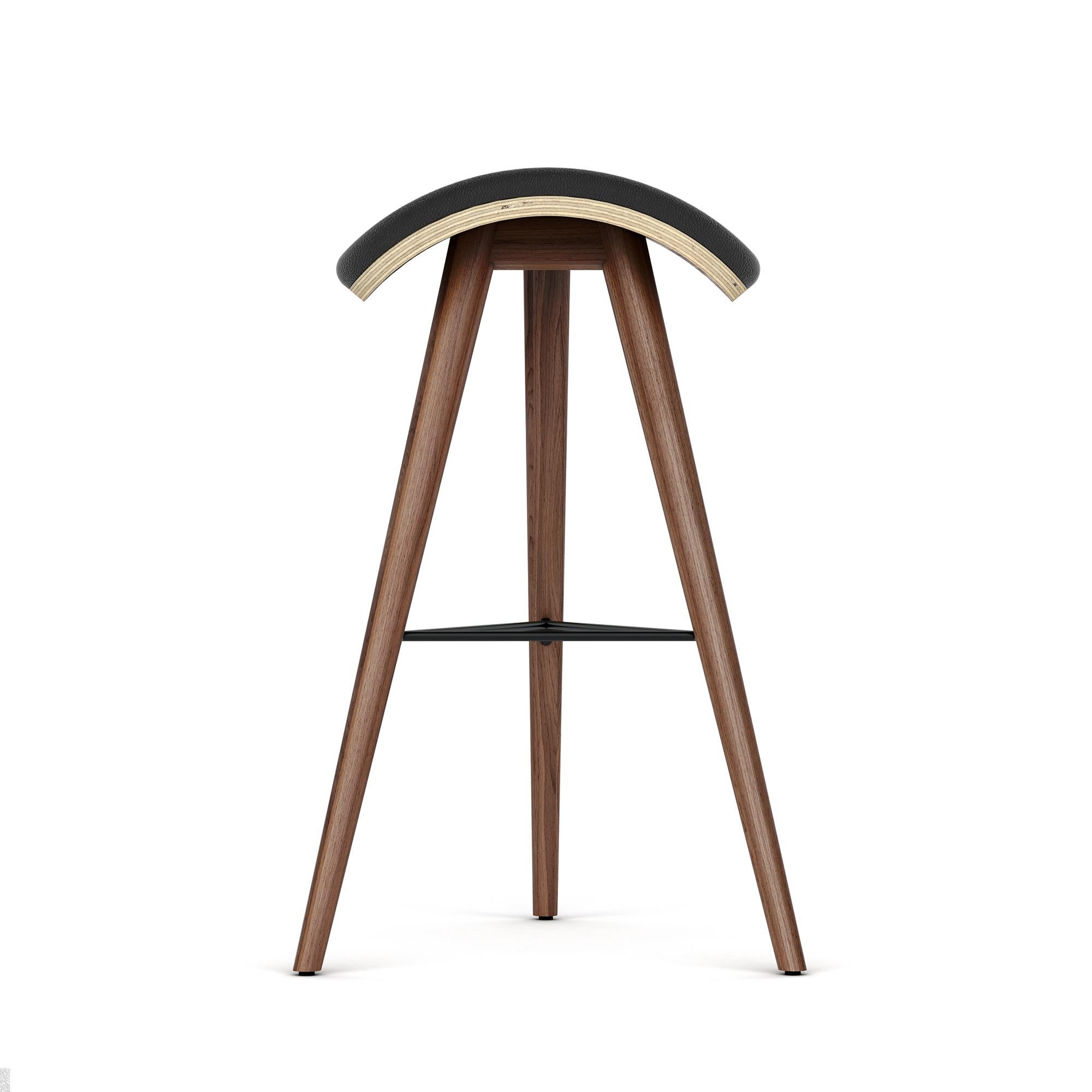 Modern Horse Stool High in Walnut and Black Leather by AROUNDtheTREE For Sale