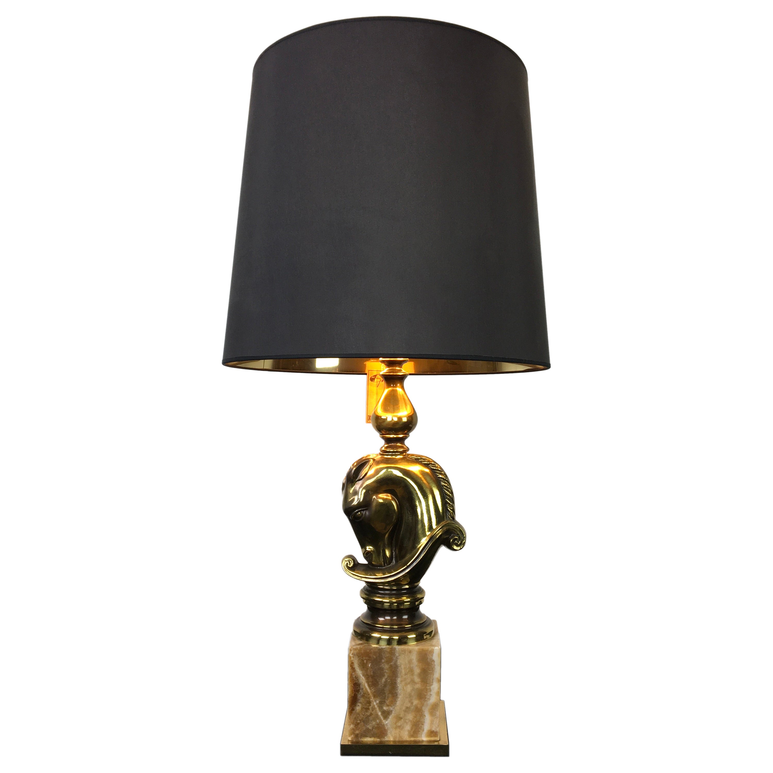 Horse Table Lamp on Onyx Base, Deknudt, Belgium, 1970s For Sale