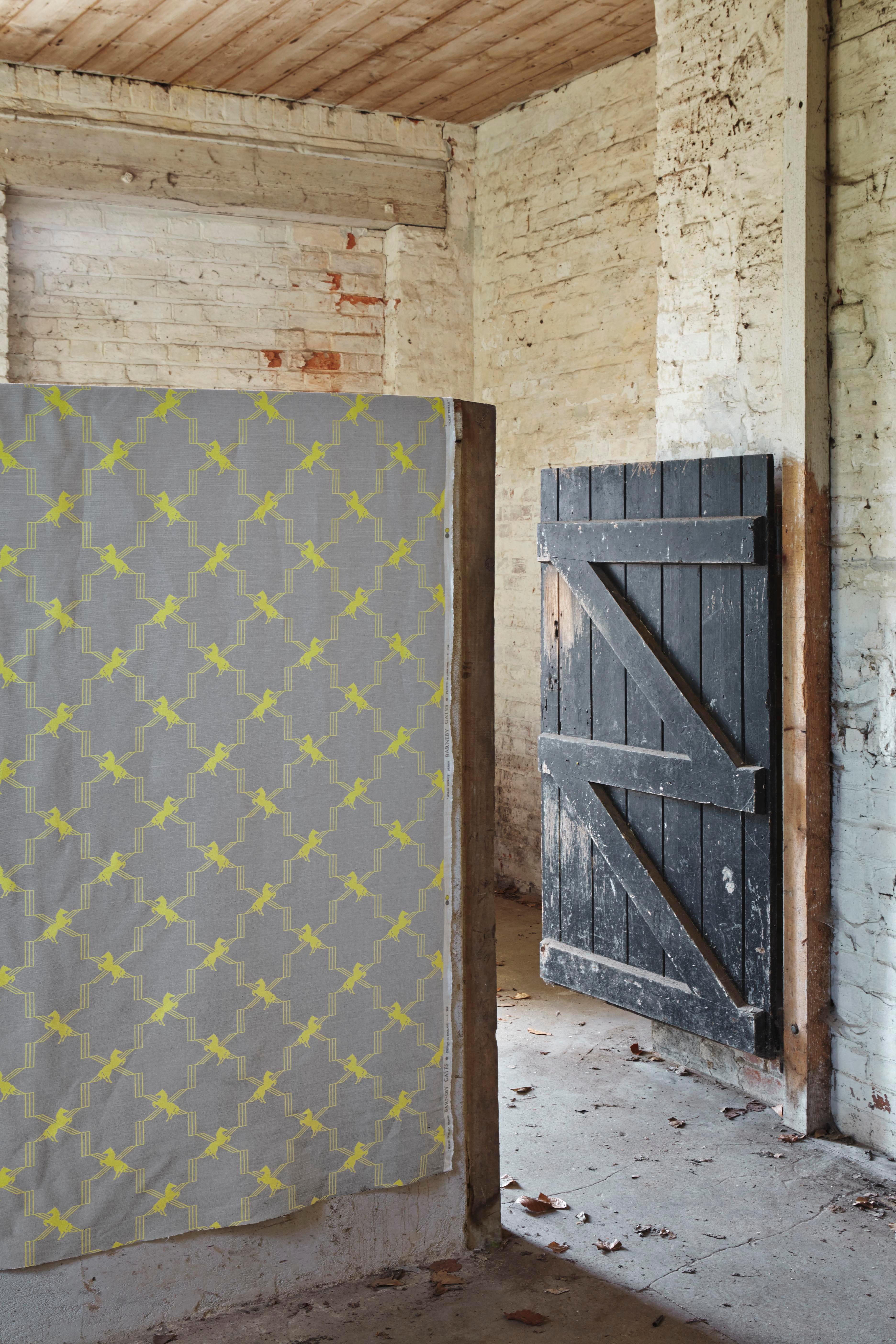British 'Horse Trellis' Contemporary, Traditional Fabric in Acid Yellow on Grey For Sale
