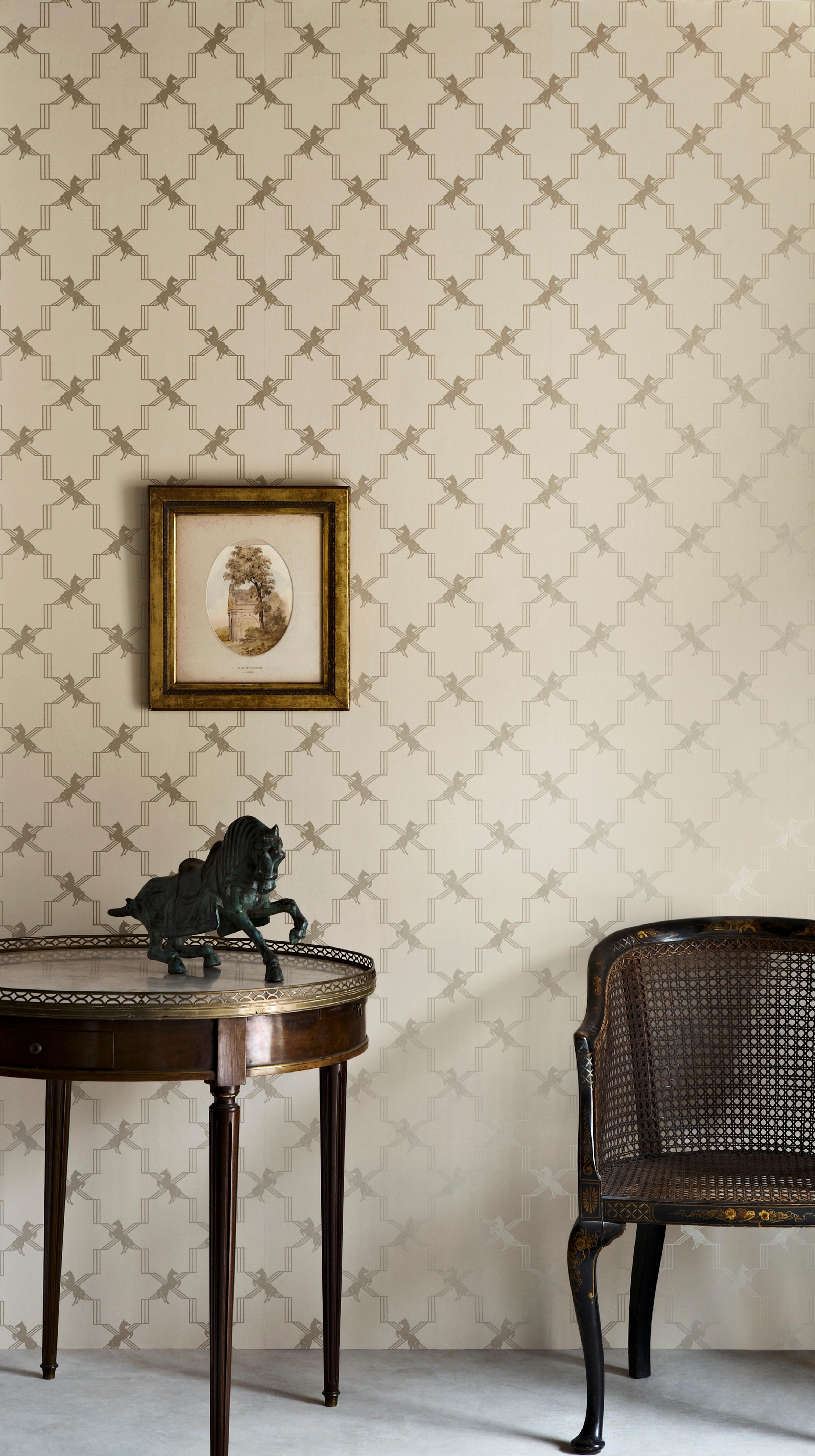 British 'Horse Trellis' Contemporary, Traditional Wallpaper in Acid on Grey For Sale