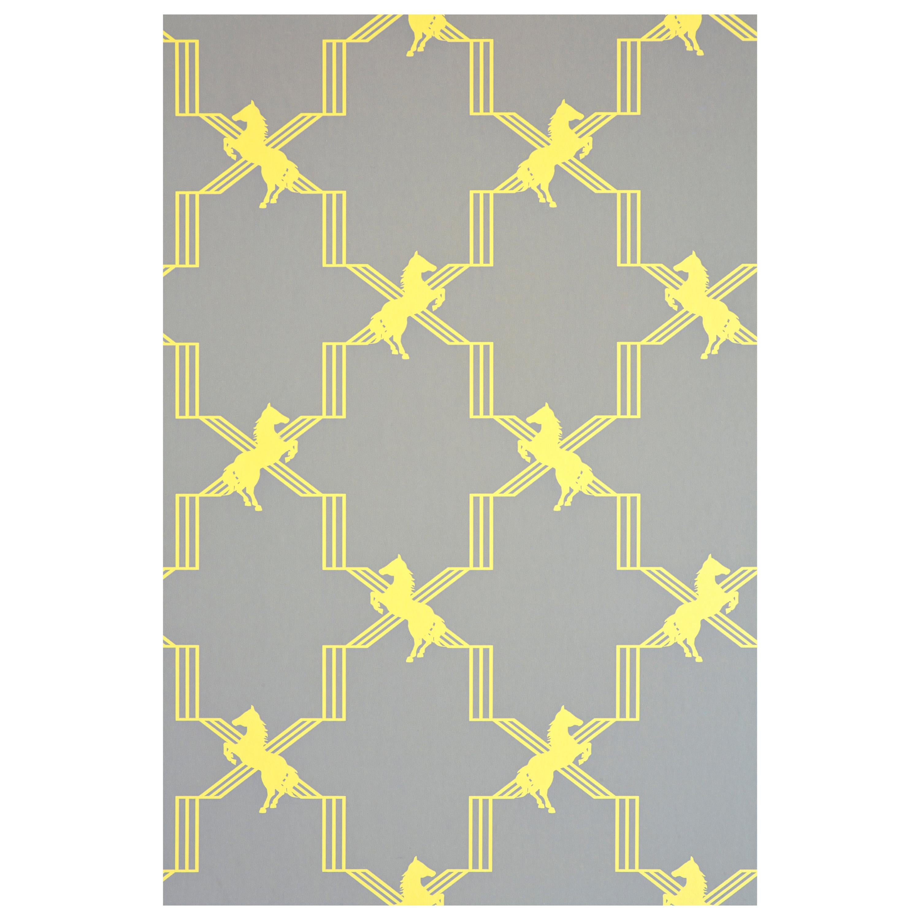 'Horse Trellis' Contemporary, Traditional Wallpaper in Acid on Grey For Sale