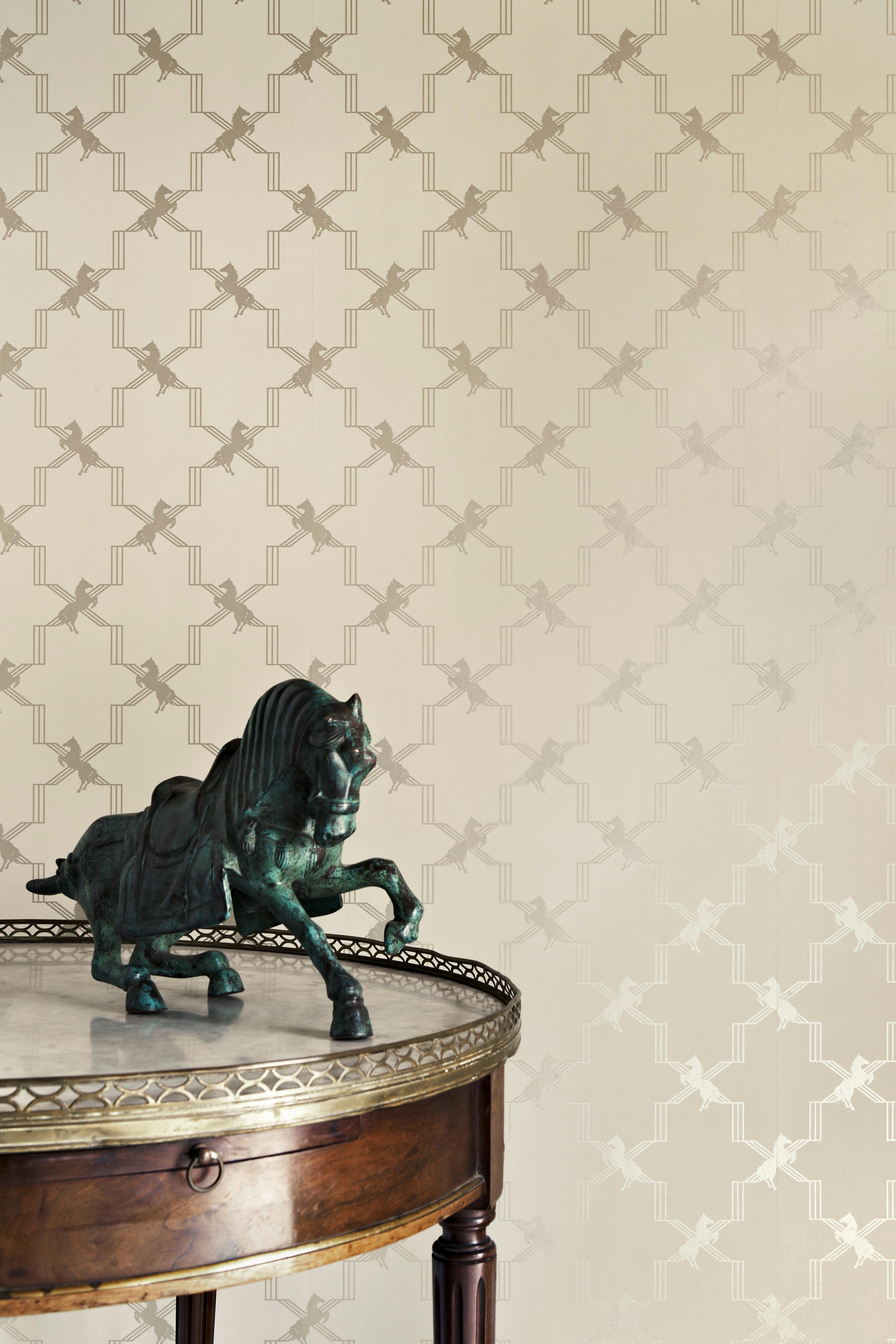 British 'Horse Trellis' Contemporary, Traditional Wallpaper in Metallic Stone For Sale
