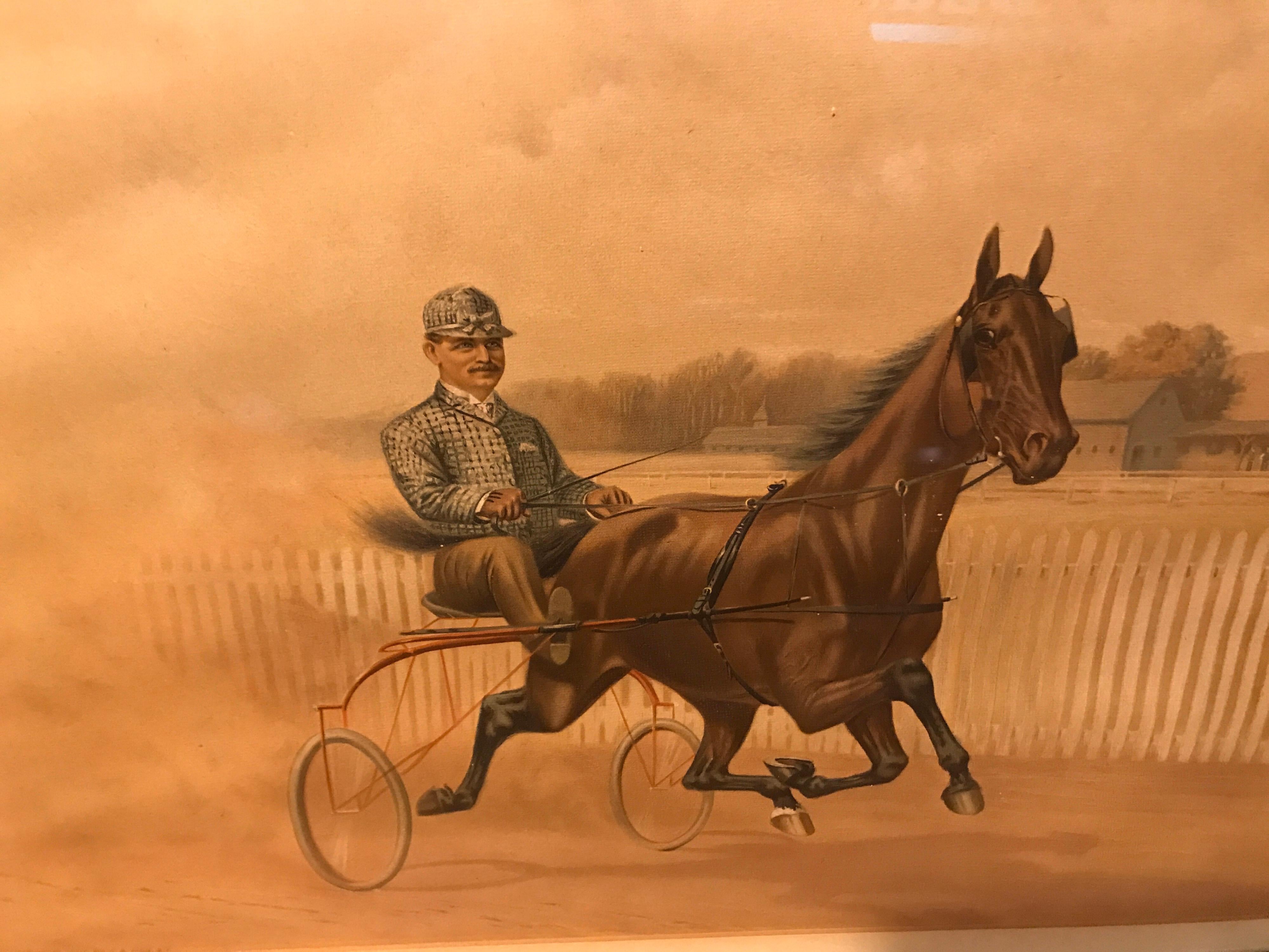 Horse trotting gentleman chromolithograph, circa 1897, New York. C.B Fish, Gray Litho co. fine example of this chromolithograph in a high quality, period correct bird's-eye maple with gilded inner bordered frame. Frame was just refit with original