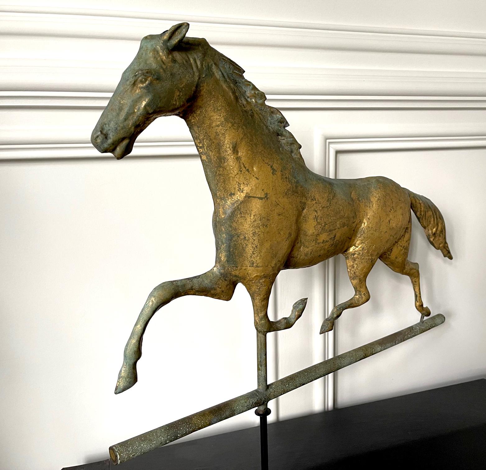 Horse Weathervane with Gilt Surface on Display Stand In Good Condition For Sale In Atlanta, GA