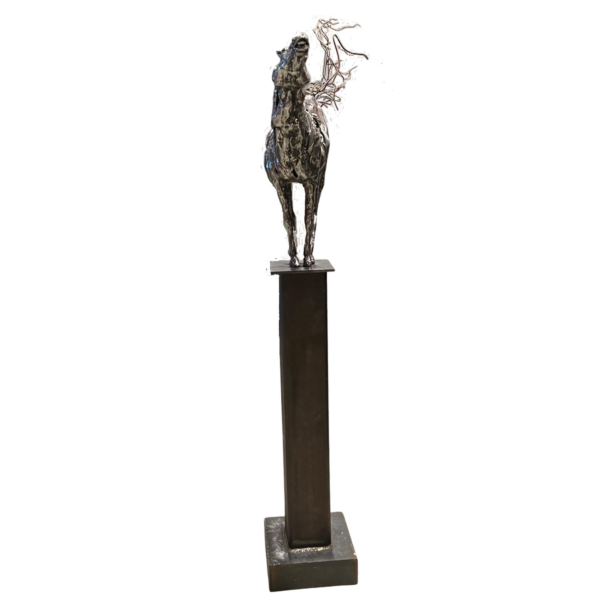 « Horselaugh » de Debbie Korbel 

Sculpture en acier inoxydable fabriquée à la main et montée sur un poteau en acier noir

Le cheval est soudé au support en acier et est autonome.

Queue en fil de fer

Unique en son genre, une très belle pièce