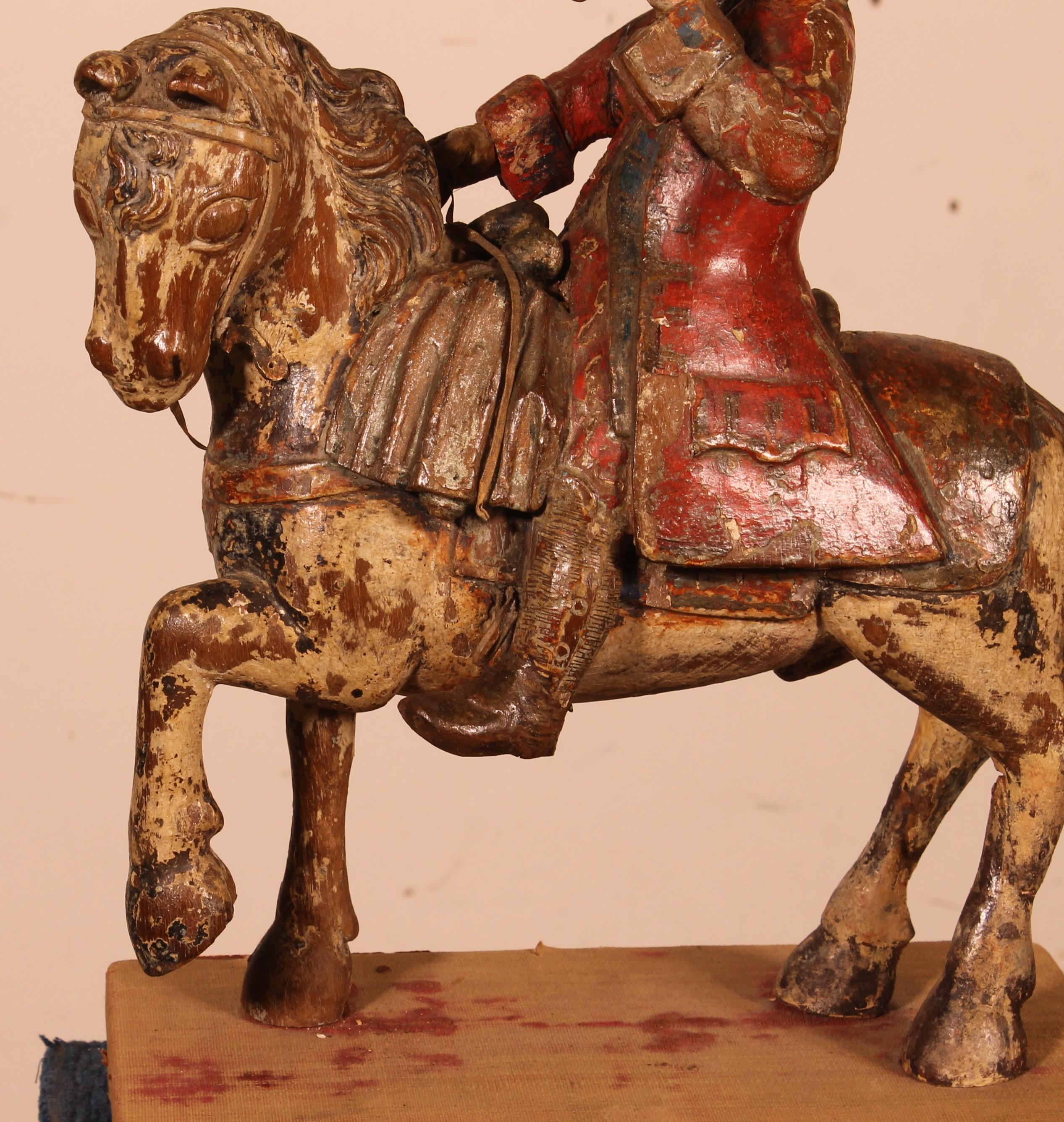 Louis XV Horseman in Carved Wood-18th Century