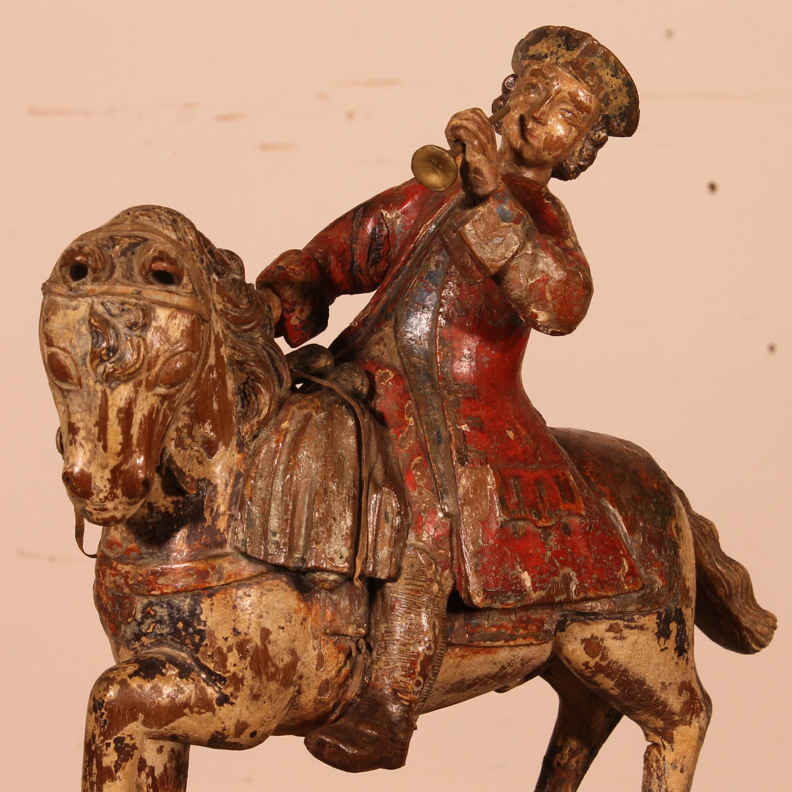 18th Century and Earlier Horseman in Carved Wood-18th Century