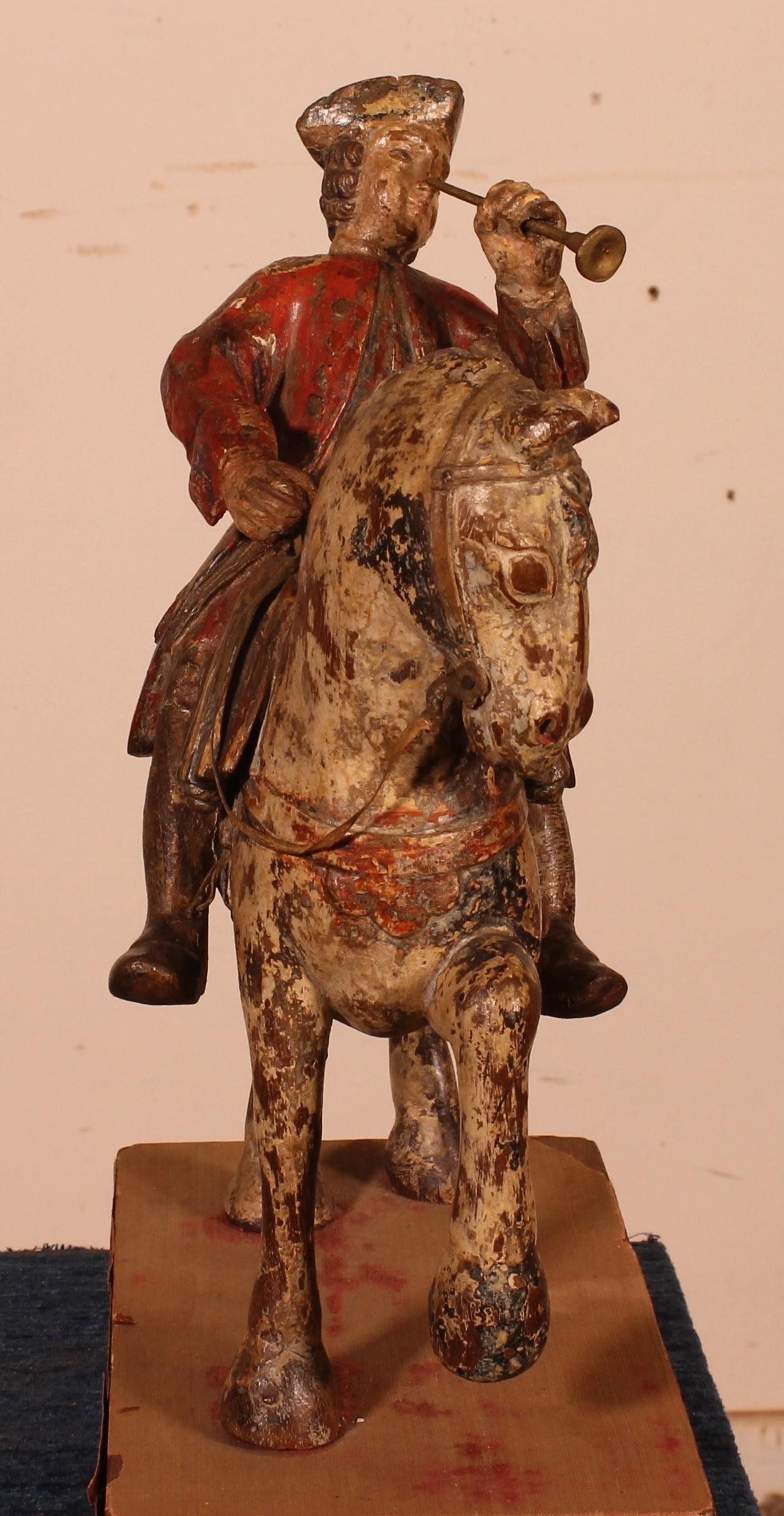 Fruitwood Horseman in Carved Wood-18th Century