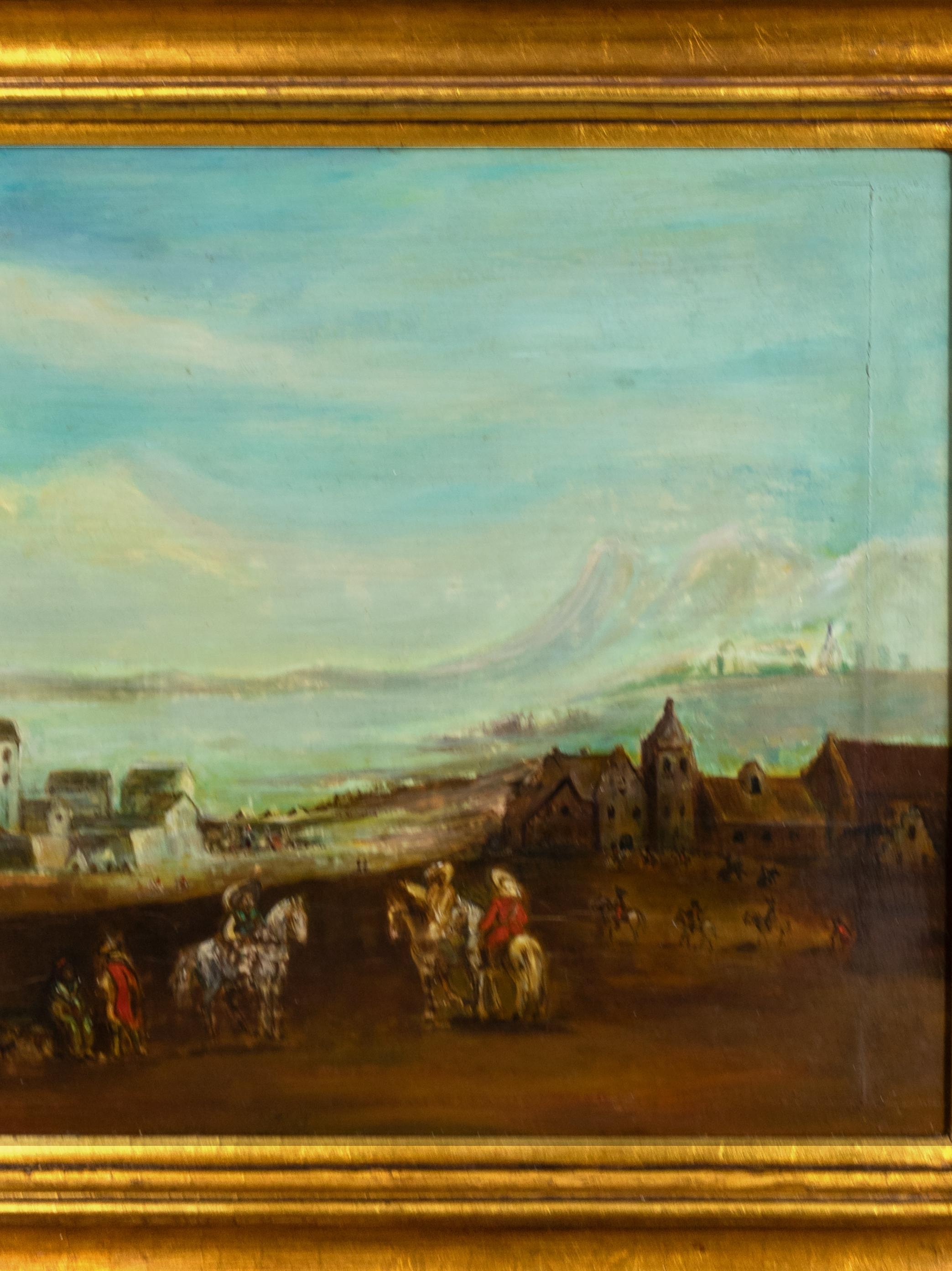 Ein romantisches Ölmotiv aus der Alten Welt zeigt Reiter, die in einer kleinen Stadt in der Nähe eines Flusses und von Bergen ankommen. 

Rahmen 64 x 50 cm 
Leinwand: 50 x 37,5 cm

