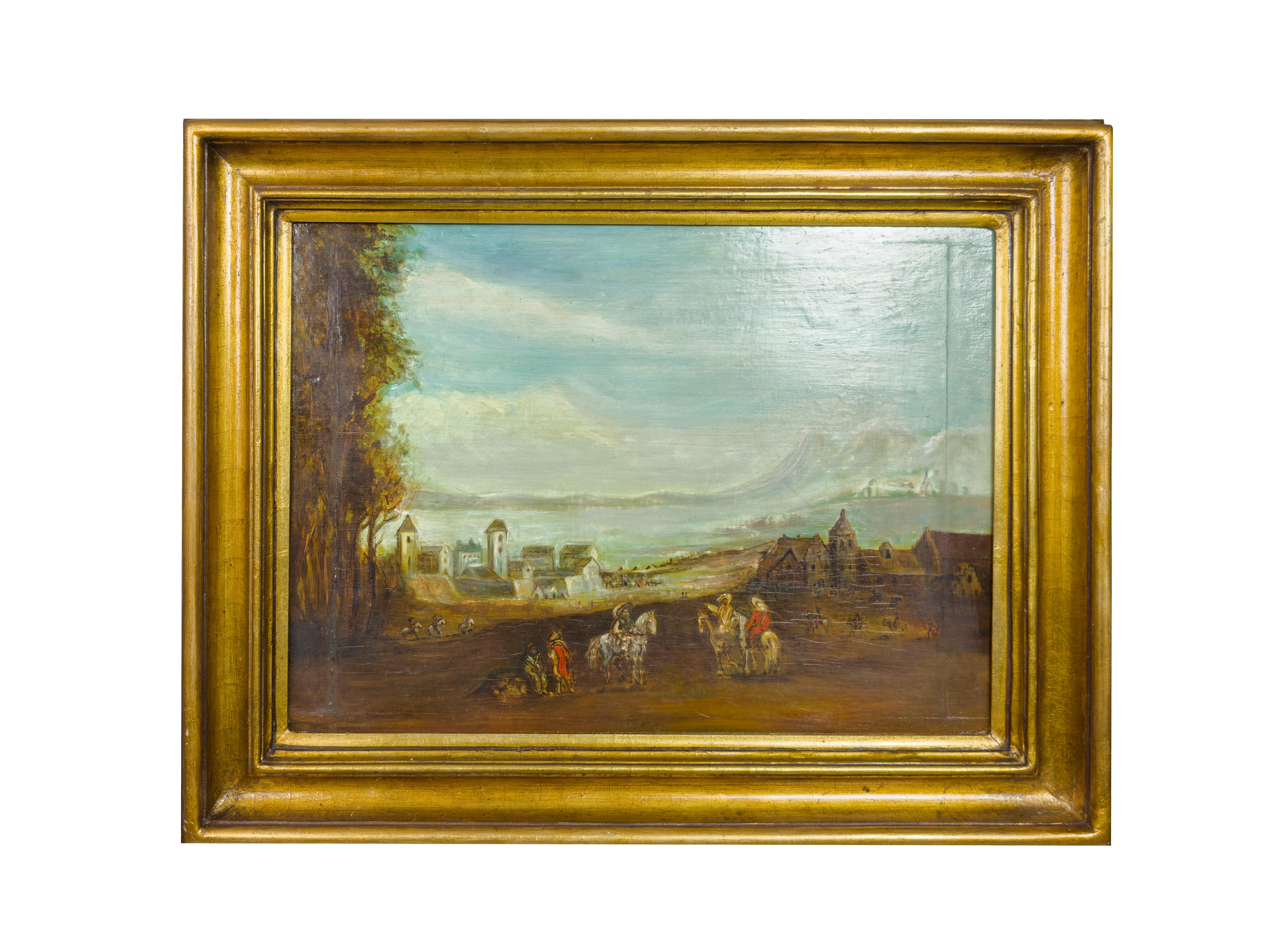 Un tema al óleo romántico del Viejo Mundo representa a jinetes a caballo llegando a una pequeña ciudad cerca de un río y montañas. 

Marco 64 x 50 cm 
Lienzo 50 x 37,5 cm

