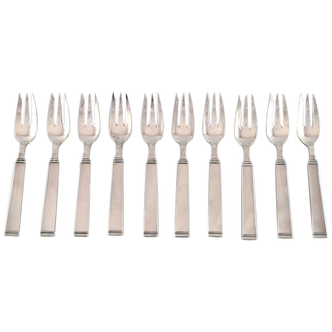 Horsens Denmark, "Funkis III", 10 Pcs, Pastry Fork, Art Deco Silver Cutlery