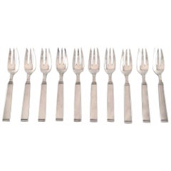 Horsens Denmark, "Funkis III", 10 Pcs, Pastry Fork, Art Deco Silver Cutlery