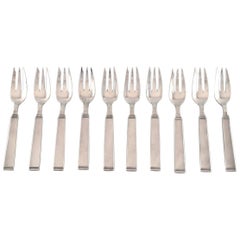 Horsens Denmark, "Funkis III", 10 Pcs, Pastry Fork, Art Deco Silver Cutlery