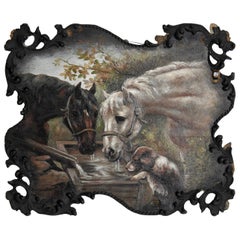 Antique Horses and Dog Oil on Wood Painting, C.E. Rubel, 1897
